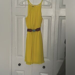 Pretty yellow sleeveless dress with accent turquoise belt ~belt is stretchy